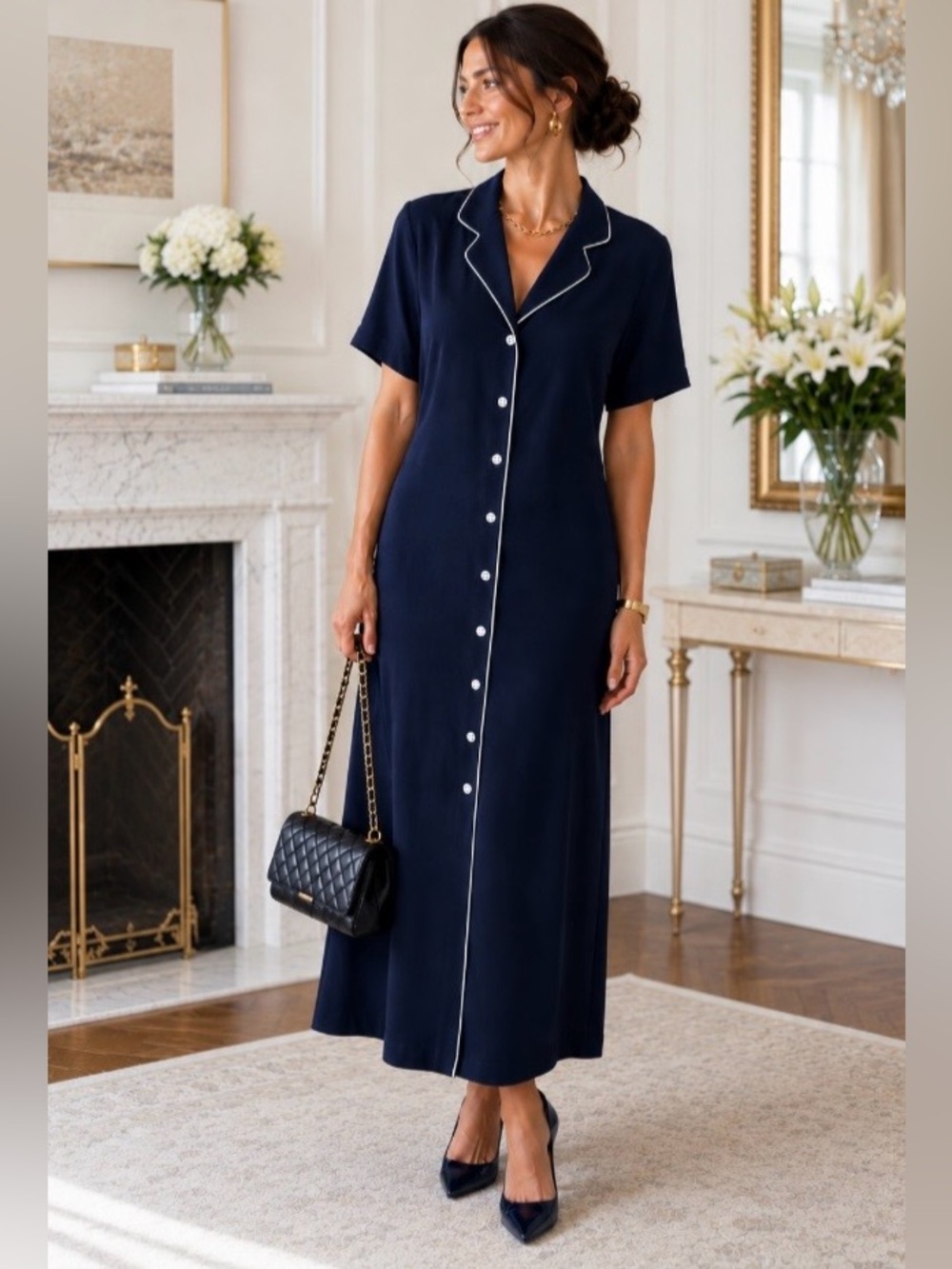 Evan Picone Dress Sz 8 Navy Blue White Trim Button Front Short Sleeve Tea Length